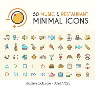 Set Of 50 Minimalistic Solid Line Colored Music And Restaurant Icons. Isolated Vector Elements.