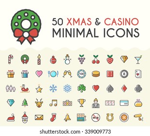 Set of 50 Minimalistic Solid Line Colored Christmas and Casino Icons. Isolated Vector Elements.