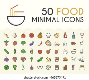 Set of 50 Minimalistic Solid Line Colored Food Icons. Isolated Vector Elements.