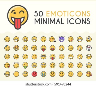 Set of 50 Minimalistic Solid Line Coloured Emoticons . Isolated Vector Elements