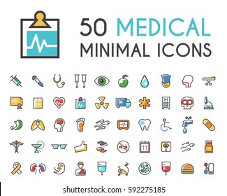 Set Of 50 Minimalistic Solid Line Coloured Medical Icons . Isolated Vector Elements