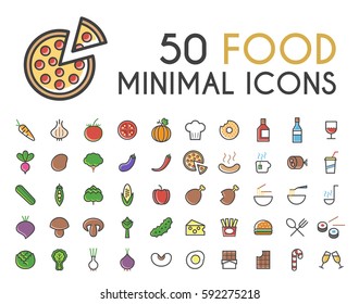 Set of 50 Minimalistic Solid Line Coloured FoodIcons . Isolated Vector Elements