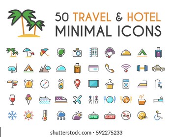 Set of 50 Minimalistic Solid Line Coloured Travel and Hotel Icons . Isolated Vector Elements
