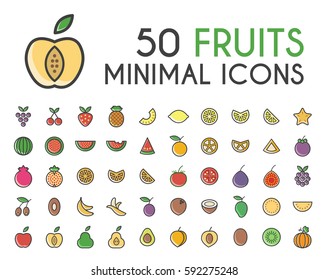 Set of 50 Minimalistic Solid Line Coloured Fruits Icons . Isolated Vector Elements
