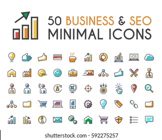 Set of 50 Minimalistic Solid Line Coloured Business and SEO Icons . Isolated Vector Elements