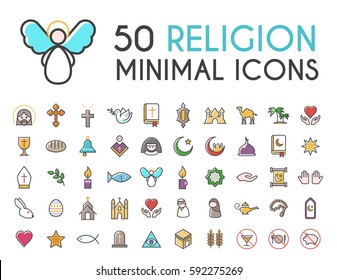 Set of 50 Minimalistic Solid Line Coloured Religion Icons . Isolated Vector Elements