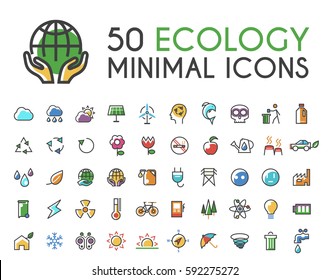 Set of 50 Minimalistic Solid Line Coloured Ecology Icons . Isolated Vector Elements