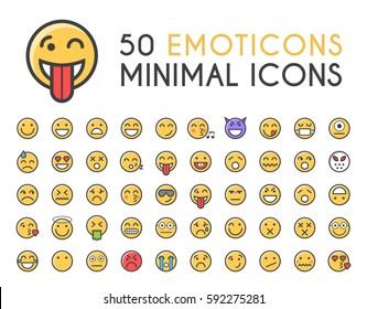 Set Of 50 Minimalistic Solid Line Coloured Emoticons Icons . Isolated Vector Elements