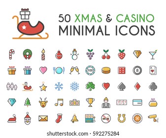 Set of 50 Minimalistic Solid Line Coloured Christmas and Casino Icons . Isolated Vector Elements