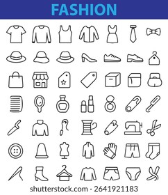  set of 50 modern fashion line icons designed with thin, minimal strokes,  dress, shoes, hanger, shopping bag, sewing machine, sunglasses, accessories, s