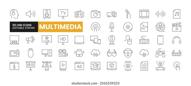 Set of 50 Multimedia line icons set. Multimedia outline icons with editable stroke collection. Includes Television, VR, Photo, Video, Agumented Reality, and More.