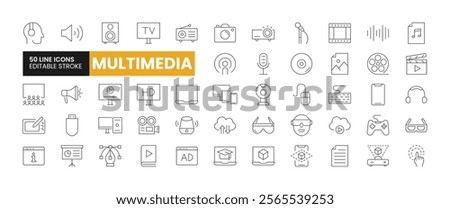 Set of 50 Multimedia line icons set. Multimedia outline icons with editable stroke collection. Includes Television, VR, Photo, Video, Agumented Reality, and More.