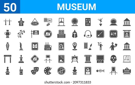 set of 50 museum web icons. filled glyph icons such as buffalo,museum fencing,bust,metal detector,sarcophagus,ceramic,information desk,museum map. vector illustration