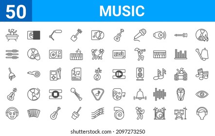 set of 50 music web icons. outline thin line icons such as boy with headphones,dj hand motion,listening smile,spanish,bell filled tool,music control tings button,cd writer,previous track button.