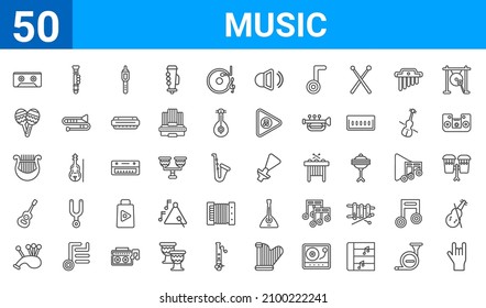 conjunto de 50 iconos web de música. íconos de línea delgada como el metal pesado, casta, gaita, acústica, lire, maraca, flauta, foco musical. ilustración vectorial