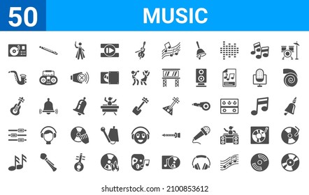set of 50 music web icons. filled glyph icons such as long play,recorder player,musical sixteenth note,music control tings button,spanish,sax,piccolo,russian. vector illustration