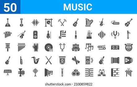 set of 50 music web icons. filled glyph icons such as marimba,balalaika,synthesizer,bass guitar,cabasa,chimes,sitar,organ. vector illustration