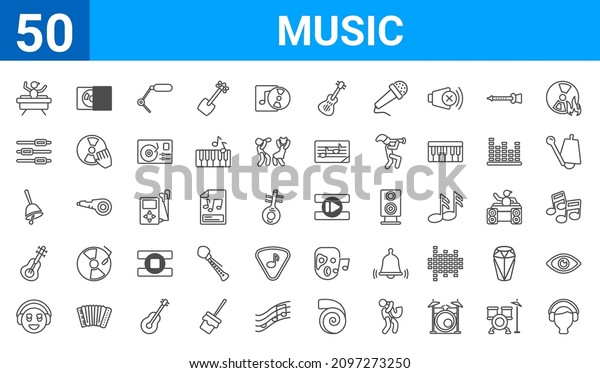 set of 50 music web icons. outline thin line\
icons such as boy with headphones,dj hand motion,listening\
smile,spanish,bell filled tool,music control tings button,cd\
writer,previous track\
button.