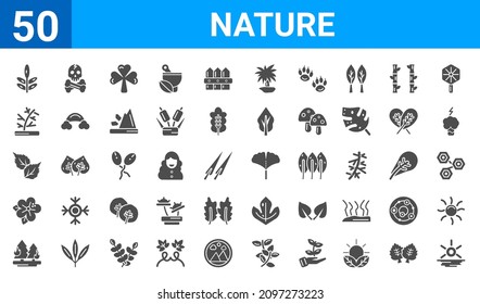 set of 50 nature web icons. filled glyph icons such as sol,acacia,pine tree on fire,hibiscus,straberry leaf,cypress leaf,death,ginkgo. vector illustration