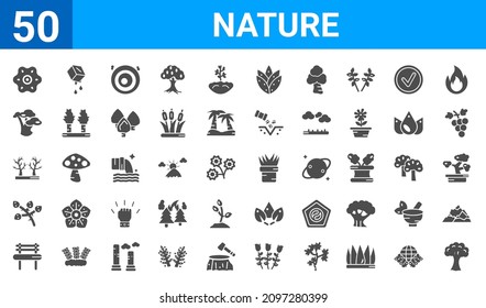 set of 50 nature web icons. filled glyph icons such as tree with big foliage,flower of six petals from japan,park bench,quaking aspen tree,leafless tree,gray birch tree,melting,plant pot. vector