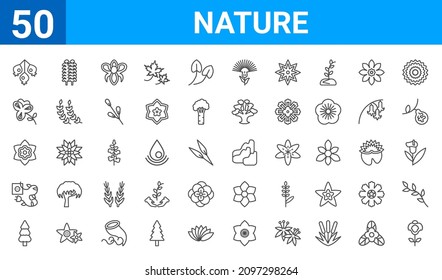 set of 50 nature web icons. outline thin line icons such as carnation,hawthorn,pine tree,eco socket,daffodil,pansy,poplar,cliff. vector illustration