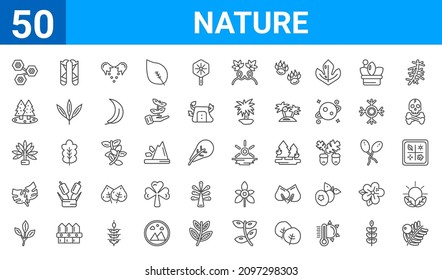 set of 50 nature web icons. outline thin line icons such as yew leaf,chemical structure,cherry leaf,philodendron,element,spruce,escuamiforme,sol. vector illustration