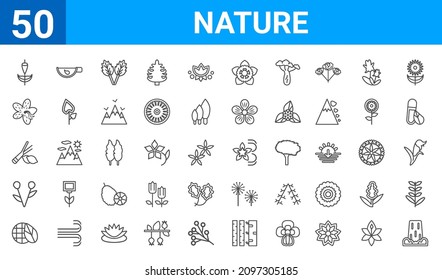 set of 50 nature web icons. outline thin line icons such as waterfall,gladiolus,eco globe,knapweed,lemongrass,alstroemeria,green tea,vanilla. vector illustration