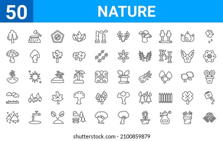 set of 50 nature web icons. outline thin line icons such as conservation,chestnut oak tree,mountains and falling snowflakes,prairie,grows,mushroom with spots,deforestation,flowerpot. vector