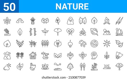 set of 50 nature web icons. outline thin line icons such as apricot leaf leaf,chestnut leaf,sunny protic,rainy landscape,cordate,pine leaf,rainbow behind a cloud,damaged. vector illustration