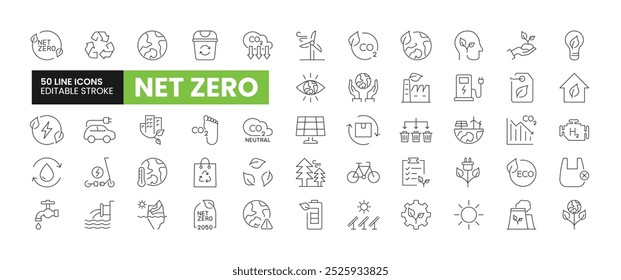 Conjunto de 50 iconos de línea Net Zero. Iconos de contorno de Net Zero con colección de trazo editable. Incluye reciclaje, carbono neutro, energía verde, ciudad verde, sistema ecológico y más.