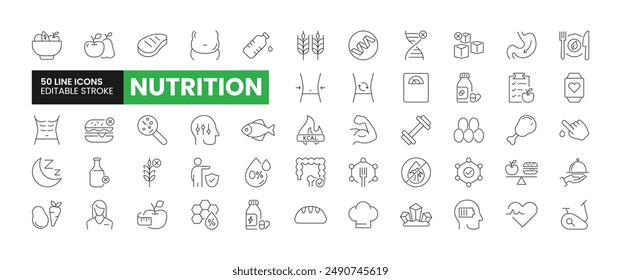 Set of 50 Nutrition line icons set. Nutrition outline icons with editable stroke collection. Includes Fruits, Vegetables, Sugar-Free, Balanced Diet, Proteins, and More.