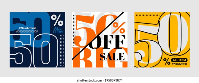 Set of 50% off all item, banner template. Colorful background design with stripe lines, shape and photo college placement. Vector illustration for print, poster, social media post, and or internet.