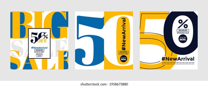 Set of 50% off all item, banner template. Colorful background design with stripe lines, shape and photo college placement. Vector illustration for print, poster, social media post, and or internet.