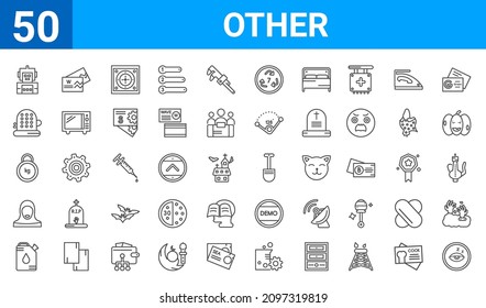 set of 50 other web icons. outline thin line icons such as sleepy,robot of japan,oil can,woman with hijab,kilograms,grooming glove,abstract business card,garden work. vector illustration