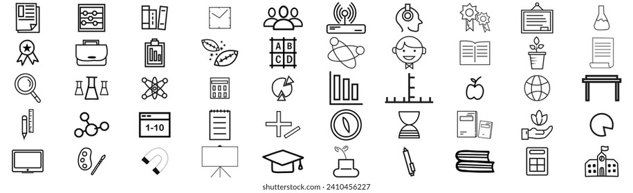 Set of 50 outline icons related to higher education, university. Linear icon collection. 