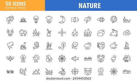 Set of 50 outline icons related to nature. Icon collection. Editable stroke. Vector illustration