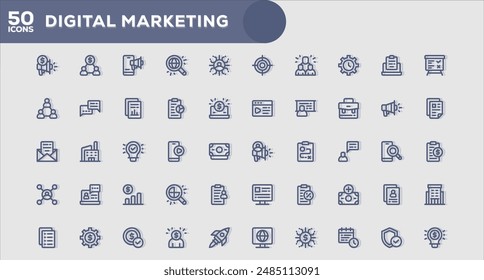 Set of 50 outline icons related to Digital Marketing. Linear icon collection. Editable stroke. Vector illustration