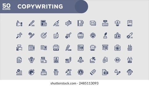 Set of 50 outline icons related to Copywriting. Linear icon collection. Editable stroke. Vector illustration