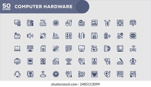 Set of 50 outline icons related to Computer Hardware. Linear icon collection. Editable stroke. Vector illustration