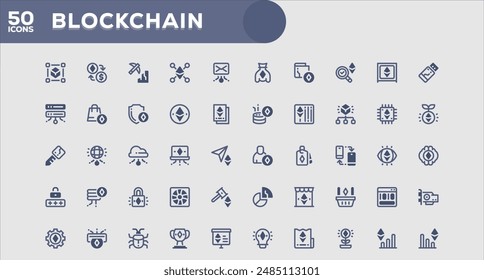 Set of 50 outline icons related to Blockchain. Linear icon collection. Editable stroke. Vector illustration