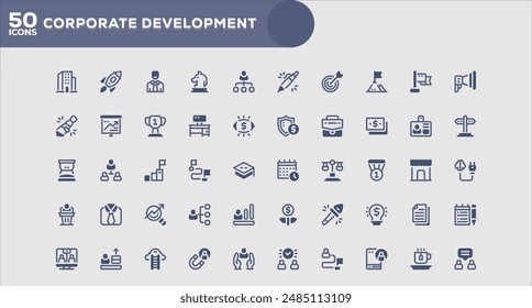 Set of 50 outline icons related to Corporate Development. Linear icon collection. Editable stroke. Vector illustration