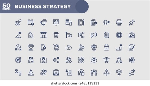 Set of 50 outline icons related to Business Strategy. Linear icon collection. Editable stroke. Vector illustration