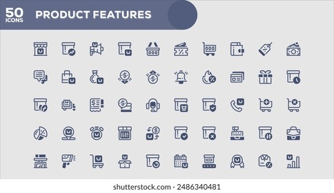 Set of 50 outline icons related to Product Features. Linear icon collection. Editable stroke. Vector illustration