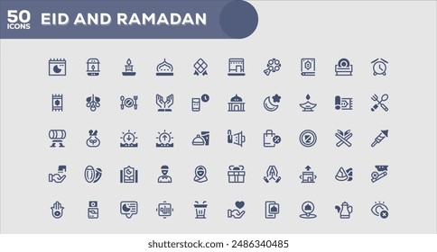 Set of 50 outline icons related to Eid and Ramadan. Linear icon collection. Editable stroke. Vector illustration