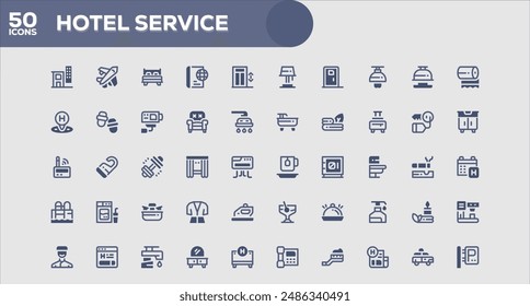 Set of 50 outline icons related to Hotel Service. Linear icon collection. Editable stroke. Vector illustration