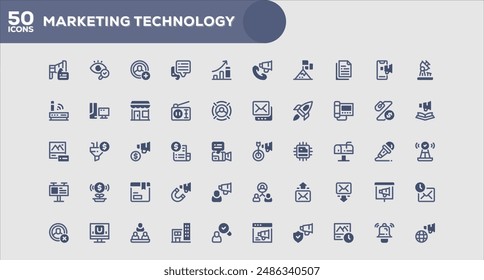 Conjunto de 50 iconos de esquema relacionados con la Tecnología de marketing. Colección de iconos lineales. Trazo editable. Ilustración vectorial