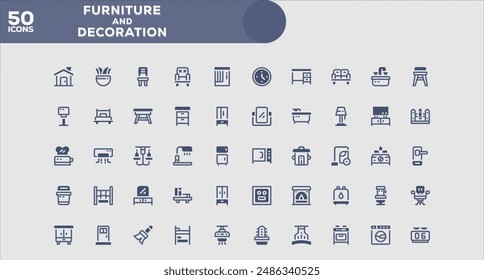 Set of 50 outline icons related to Furniture and Decoration. Linear icon collection. Editable stroke. Vector illustration