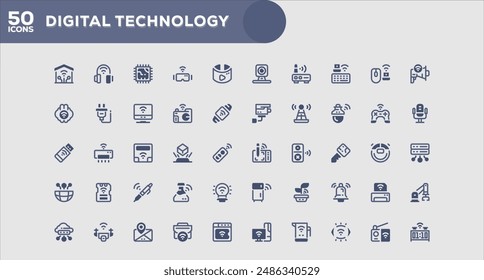 Set of 50 outline icons related to Digital Technology. Linear icon collection. Editable stroke. Vector illustration