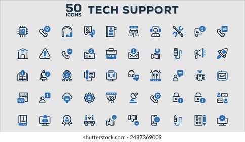 Set of 50 outline icons related to Tech Support. Linear icon collection. Editable stroke. Vector illustration