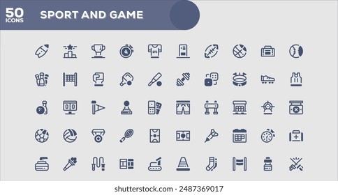 Set of 50 outline icons related to Sport and Game. Linear icon collection. Editable stroke. Vector illustration